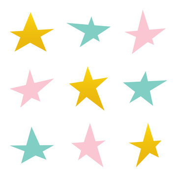 Set, collection of colorful asymmetrical stars isolated on white background.
