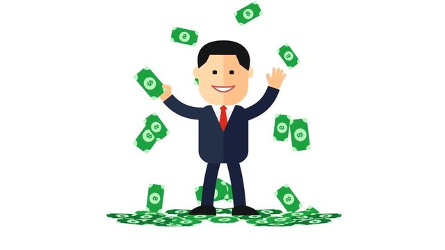 Animation cartoon businessman on pile of money cash in jackpot concept. successful businessman  money bills pile, footage