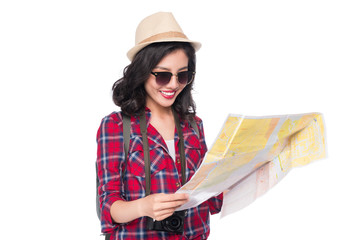 Woman travel. Young beautiful asian woman traveler watching map standing over white.