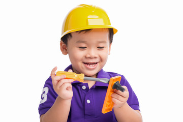 Little repairman in hardhat with repair tools