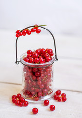 Fresh red currant on a light wooden background 