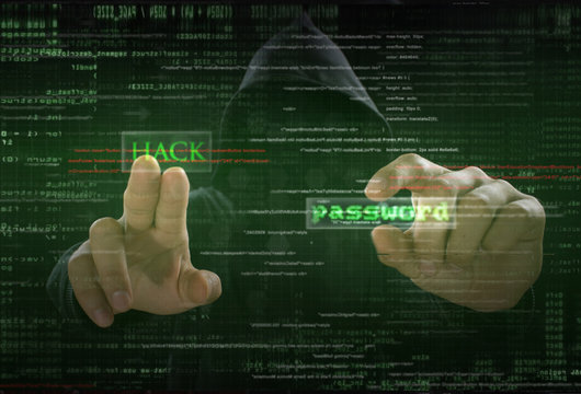 Hacker stealing password at work with graphic user interface around