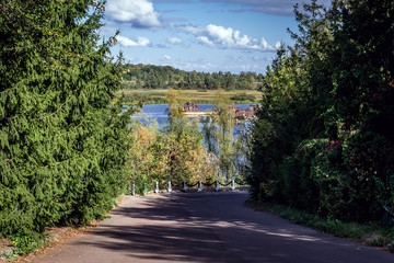 Pripyat River backwater in Chernobyl town, Chernobyl Exclusion Zone, Ukraine