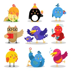 Fotobehang Schattige cartoon vogels in verschillende situaties, kleurrijke karakters vector illustraties © Happypictures