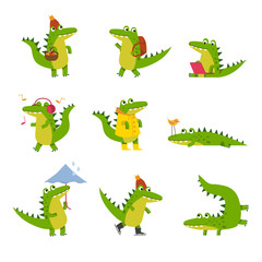 Fototapeta premium Cute cartoon crocodile in every day activities, colorful characters vector Illustrations