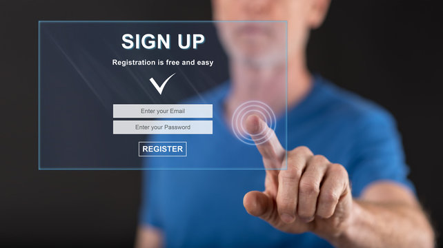 Man Touching A Signup Concept On A Touch Screen