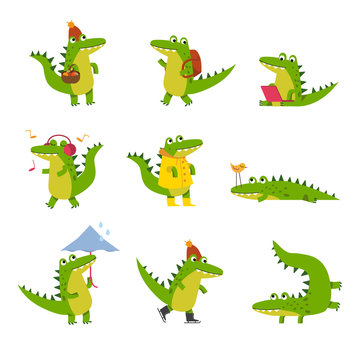 Cute cartoon crocodile in every day activities, colorful characters vector Illustrations