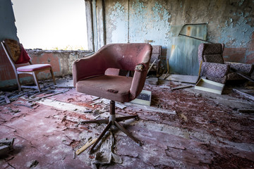 Interior of former factory in Pripyat desolate city in Chernobyl Exclusion Zone, Ukraine