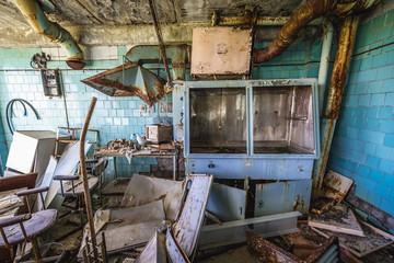 Inside the former factory in Pripyat desolate city in Chernobyl Exclusion Zone, Ukraine