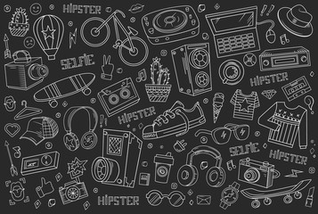 Hipster collage in cartoon style. Templates elements of bicycle, headphone, music and style. Vector illustration.