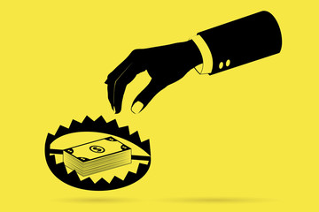 hand with banknote and trap, business trap concept