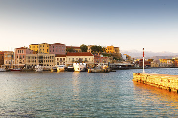 Fototapeta na wymiar Old Venetian harbor of Chania town on Crete island, Greece. 