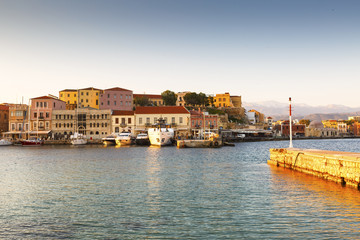 Old Venetian harbor of Chania town on Crete island, Greece. 
