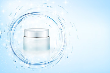 Design cosmetics product advertising. Vector illustration. Aqua cream ads, hydrating facial skincare mock up template. Turquoise mask bottle isolated on glitter particles with water splash.