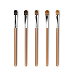 Vector Set of Clean Professional Makeup Concealer Eye Shadow Brushes with Different Black Brown Bristle and Wooden Handles Isolated on White Background