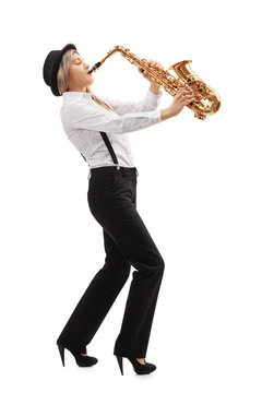 Female jazz musician playing a saxophone