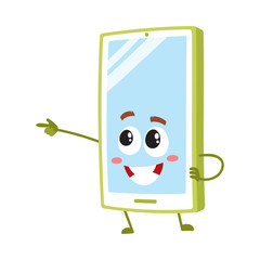 Cartoon mobile phone, smartphone character pointing to something with finger, vector illustration isolated on white background. Cartoon mobile phone, smartphone character drawing attention, pointing