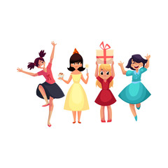 Four various girls in colorful dresses having fun at birthday party, cartoon vector illustration isolated on white background. Set of girls, kids, children celebrating birthday, having fun, dancing