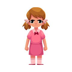 Little girl in pink dress standing with frowned, angry face expression, cartoon vector illustration on white background. Frowning, angry little girl standing, clenching her fists