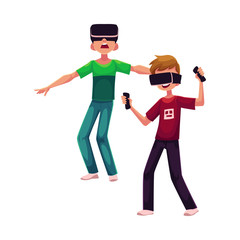 Two boys wearing virtual reality headsets, simulators, cartoon vector illustration isolated on white background. Couple of teenagers, boys playing with virtual reality simulators, headsets together