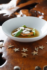 Salmon with king oyster mushrooms and fresh basil