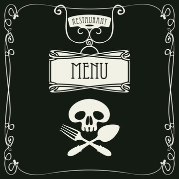 template vector menu for restaurant with white human skull with a spoon and fork in curlicues frame on black background in retro style