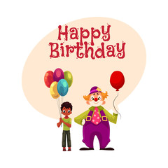Happy birthday vector greeting card, poster, banner design with Black, African American boy holding balloons standing with funny clown. Black, African boy and man in clown costume holding balloons