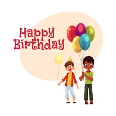 Happy birthday vector greeting card, poster, banner design with Black and Caucasian little boys with balloons, birthday celebration party. Two boys, kids at birthday party, holding balloons