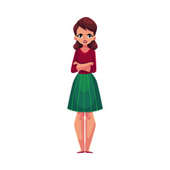 Young woman, girl in casual clothes standing with frowned, angry face expression, cartoon vector illustration on white background. Frowning, irritated girl, woman standing with arms crossed on breast