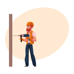 Worker, workman, builder in helmet and overalls drilling the wall, cartoon vector illustration with space for text. Full length portrait of Caucasian construction worker, builder with drill