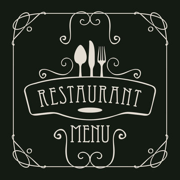 template vector menu for restaurant with flatware and curlicues in baroque style on black background