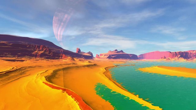 Mountain and lake. Landscape of stranger planet. Animation. 4К