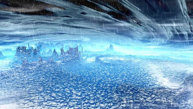 Mountain. Landscape of stranger planet. Rocks and rain.  Animation. 4К