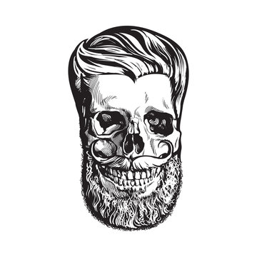 Hand drawn human skull with hipster hairdo, beard and moustache, black and white sketch style vector illustration isolated on white background. Hand drawing of human skull with hipster hair