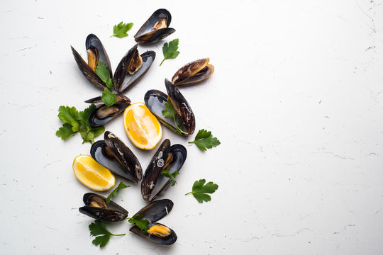Boiled mussels on white