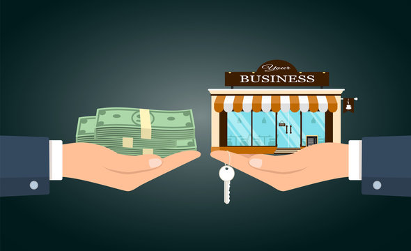 Vector illustration of two hands changing money for small cafe with your business words. 
