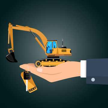 Hand holding the excavator with key for rent and the figurine vector illustration. 
