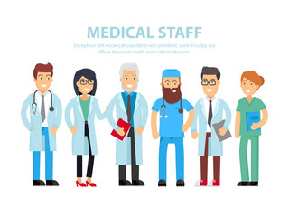 Team of doctors, nurses and other hospital workers stand together. Vector people illustration isolated on white background with the text place. Group of medical funny staff flat concept design