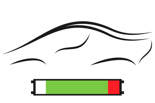 Silhouette of modern electric car and battery icon