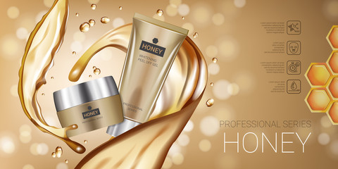 Honey skin care series ads. Vector Illustration with honey smoothing cream tube and container.