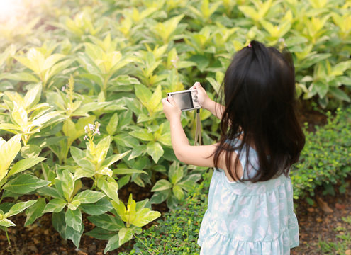 Child girl taking pictures on camera in the garden, Focus at camera.