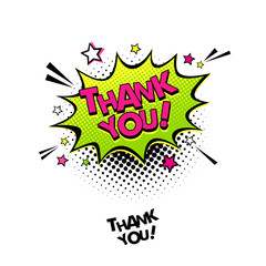 Comic speech bubble with expression text Thank you!. Vector bright dynamic cartoon illustration in retro pop art style isolated on white background.