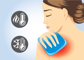 Woman relief of shoulder pain with Cold and hot pack gel. Illustration about first aid equipment. © logo3in1