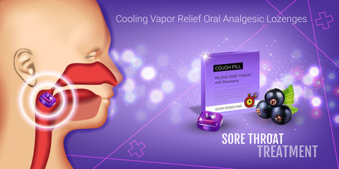 Cough Drops ads. Vector 3d Illustration with blackcurrant pills for throat.