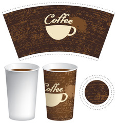 vector template paper cup for hot drink with cup of coffee on the background of manuscript with splashes and spots