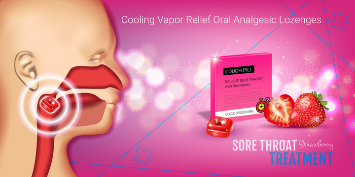 Halls Cough Drops ads. Vector 3d Illustration with strawberry pills for throat.