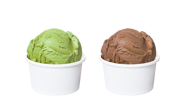 Ice cream scoops in white cups of green tea and chocolate flavours isolated on white background (clipping path included)