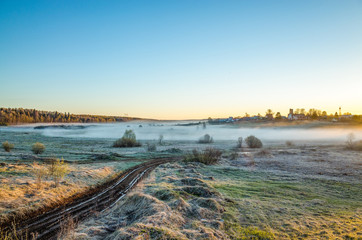 Sunrise in the village in the spring, Russia