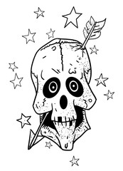 Cartoon image of magic skull with arrow through brain. An artistic freehand picture.