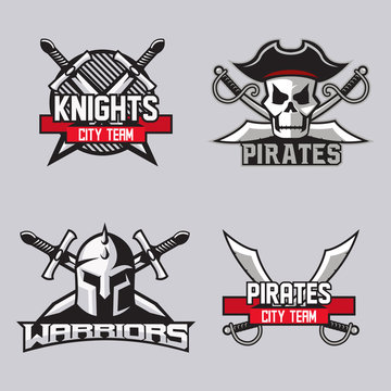 Set of modern professional logo for sport team. Pirates, warriors, knights mascot. Vector symbol on a dark background.